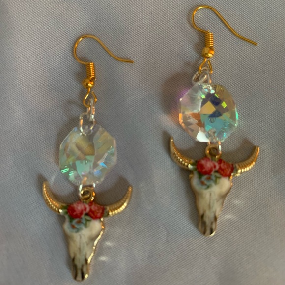 Floral Cow Skull Earrings, Style 1 - Picture 1 of 4